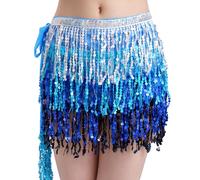 Jupes Paillettes Enveloppées de Franges, Jupes de Franges Rave du Ventre, Jupe Danse du Ventre Hanche Echarpe (FR/ES, Alpha/Lettres, Taille Unique, Taille Normale, Taille Normale, Argent avec Bleu)