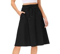 Jupes pour femmes - Jupe mi-longue évasée avec cordon de serrage élastique - Longueur genou - Avec poches - Style décontracté - Couleur unie - Pour les vacances et les voyages, 1- Noir., 40
