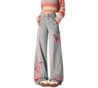 jupkem Mignon Taille Basse Y2k Jeans Femmes Goth Star Graphic Jambe Large Kawaii Pantalon Y2k Esthétique Baggy Jeans Coréen Streetwear, Bleu 4, Taille L