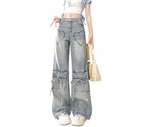 jupkem Mignon Taille Basse Y2k Jeans Femmes Goth Star Graphic Jambe Large Kawaii Pantalon Y2k Esthétique Baggy Jeans Coréen Streetwear, Bleu 5, Taille L
