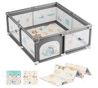 JUPPLIES Parc Bébé Sécurisé 120×120 cm - Aire de Jeu Carrée pour Enfant 6-24 mois, Filet Respirant 360°, Structure Stable Antidérapante, 2 Poignées Incluses (Gris XL)