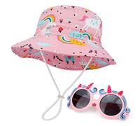 JUPSK Ensemble Chapeau de Soleil et Lunettes de Soleil Licorne, Chapeau Seau d'été, Casquette de Plage, Lunettes de Soleil Pliables avec Protection UV avec Monture en Silicone pour Filles de 2 à 5 Ans