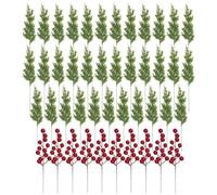 Juqoyue 45 Pièces de Décorations Artificielles Branches de Pin Baies de Houx Tiges de Baies Rouges pour Couronnes d'arbre de Noël Cadeaux Verdure