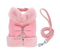 Juqoyue Ensemble Luxueux Harnais et Laisse pour Chien avec Nœud en Strass, Gilet Chaud en Fourrure pour Animal Compagnie pour l'hiver, Vêtements Élégants pour Chiots Petite Taille