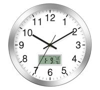 Juqoyue Horloge Murale de 12 Pouces avec Date Numérique, Semaine, Température Intérieure - Horloge Murale à Piles, Finition Argentée Brossée, Facile à Lire