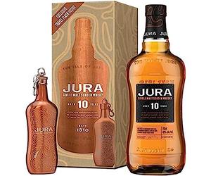 JURA - 10 Ans Coffret Whisky + Flasque - Whisky Single Malt - Notes de Chocolat Noir & Café Moulu - Origine : Écosse/Jura - 40% Alcool - 70 cl