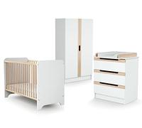 JURABABY - Chambre bébé complète 3 tiroirs CARROUSEL Blanc et Hêtre Verni | Lit bébé 60x120, armoire, commode, Plan à langer inclus