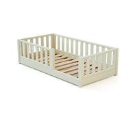 Jurababy - Lit Enfant au Sol en Bois SONHO - 70x140 - Blanc Perle | avec barrière Amovible Gauche ou Droite | Lit Enfant avec sommier à Lattes