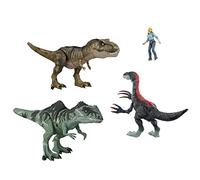 Jurassic World HJK02 - Un Pack de Bataille épique de la Nouvelle ère, 3 Figurines de Dinosaures Authentiques et 1 Figurine Humaine, Plaisir Physique et numérique pour Les Enfants à partir de 4 Ans