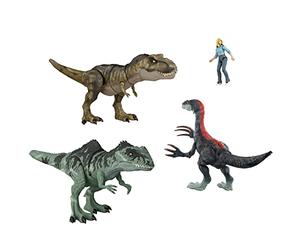 Jurassic World HJK02 - Un Pack de Bataille épique de la Nouvelle ère, 3 Figurines de Dinosaures Authentiques et 1 Figurine Humaine, Plaisir Physique et numérique pour Les Enfants à partir de 4 Ans