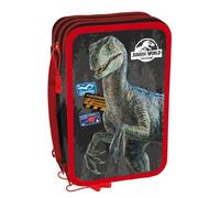 Jurassic World - Licence Originale - Trousse Noir/Rouge 3 Compartiments avec charnières - 45 Accessoires de Papeterie école, Dimensions 20 x 6 x 12,5 cm - Dinosaure - école Primaire et Moyenne