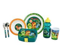 JURASSIC WORLD LOT VAISSELLE POUR ENFANT AVEC VERRE 220 ML, ASSIETTE CREUSE Ø 16 CM, ASSIETTE Ø 22 CM, COUVERTS H.13.5 CM, GOURDE 350 ML ET BOITE GOUTER, Green-brown-gray