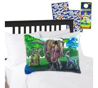 Jurassic World Oreiller en peluche pour enfants - Ensemble avec oreiller câlin dinosaure de 25,4 cm pour chambre d'enfant, accessoires de chambre d'enfant, autocollants, plus | Ensemble de décoration