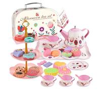 JurciCat 46 Pièces Service a The Enfant pour Enfants avec Accessoires De Cuisine Valise pour Desserts Tasses Assiettes Et Accessoires Service à Thé Complet pour Cadeau Jouets Filles 3 à 9 Ans
