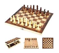 JurciCat Echec en Bois Jeu d'échec Portable Pliable Echiquier Bois 3 en 1 Chess Board Set pour la Famille Activités Fête Adultes Enfants Voyages