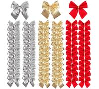 JURENEE 72 Pièces Noeud Sapin de Noel, Nœuds de Noë en Tissu, Nœus pour Sapin de Noël Réutilisables, Noeud pour Arbre de Noel, Couleurs Vives, Adaptées la Décoration des Arbres (Or, Rouge, Argent)