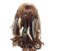 Jurxy Bandeau réglable en Plumes de Paon Plume de Fuite Indienne Coiffe d'armure bohémienne Headpieces avec des Perles de Gland - Marron- Style 3