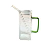 Jus Verres carrés à anse colorée, 450 ml, en verre borosilicate transparent, for thé glacé et jus de fruits, avec paille Soude(Green)