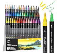 JusArt Lot de 60 marqueurs de peinture acrylique à double pointe - Pointe pinceau et fine - Stylos de peinture de qualité supérieure pour bois, toile, œuf, pierre, tissu, roches, métal, verre