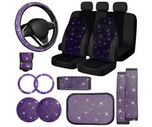 Jusen Lot de 17 Housses de siège de Voiture Brillantes en Velours Respirant avec Strass (Violette, Demi-Partie Brillante)