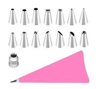 JUSKAQZYI Douille Patisserie Ensemble de 16 Douilles à gâteau, 14 Douilles en Acier Inoxydable, 1 Poche à Douille et 1 connecteur for la décoration de gâteaux DIY Fleur(Roze)