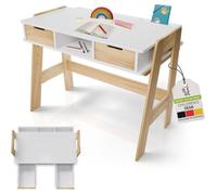 Juskys Bureau Enfant Fietje Bureau Réglable en Hauteur 2 Tiroirs Bois Résistant aux Rayures Blanc et Naturel 93 x 76 x 59 cm