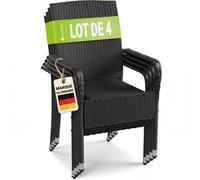 Juskys Chaise de Jardin en Rotin Noire Empilable - Lot de 4 - Accoudoirs - Dossier Haut