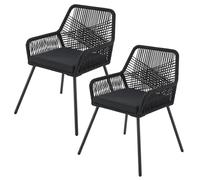 Juskys Chaise de Jardin Exterieur Kastos en Corde - Lot de 2 - avec accoudoir et Cousin, supportant 150 kg - pour terrasse, Jardin, Balcon - Noir