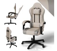Juskys Chaise Gaming HyperSeat - Hauteur réglable, Dossier inclinable, Fauteuil Ergonomique en Simili Cuir pivotant - Support 120 kg - Beige/Gris Clair