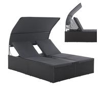 Juskys Chaise Longue Double en polyrotin Syros - Transat de Jardin pour 2 Personnes - Chaise d'extérieur avec auvent et Coussins - Appuie-tête réglable - Noir