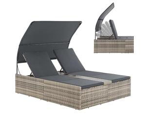 Juskys Chaise Longue Double en polyrotin Syros - Transat de Jardin pour 2 Personnes - Chaise d'extérieur avec auvent et Coussins - Appuie-tête réglable - Gris chiné