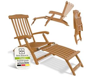 Juskys® Chaise Longue Evia - Pliable pour Le Jardin et la terrasse, en Bois d'acacia huilé pour Un Aspect Naturel et Une Longue durée de Vie, 196 x 54 x 95 cm, Couleur Naturelle