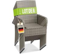 Juskys Chaises de Jardin en Rotin Gris Chiné Empilables - Lot de 8 - Accoudoirs - Dossier Haut - Structure en Acier