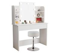 Juskys Coiffeuse Bella avec Miroir LED, Tabouret réglable en Hauteur, Tiror & 4 Étagères de Rangement - Luminosité Réglable - Table de Maquillage en Bois pour Femme & Fille - Blanc