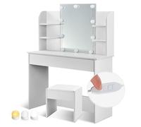Juskys Coiffeuse Bella avec Miroir LED, Tabouret, Tiror & 4 Étagères de Rangement - Luminosité Réglable - Table de Maquillage en Bois pour Femme & Fille - Blanc