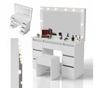 Juskys Coiffeuse Lilia avec Miroir LED & Tabouret Melly, 3 Niveaux d'éclairage, 7 tiroirs, Beaucoup d'espace de Rangement, Design Moderne, Compact & Facile d'entretien pour Le Maquillage - Blanc
