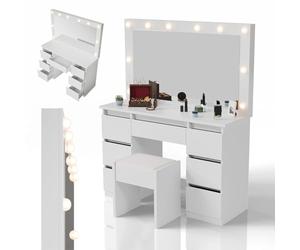 Juskys Coiffeuse Lilia avec Miroir LED & Tabouret Melly, 3 Niveaux d'éclairage, 7 tiroirs, Beaucoup d'espace de Rangement, Design Moderne, Compact & Facile d'entretien pour Le Maquillage - Blanc