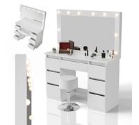 Juskys Coiffeuse Lilia avec Miroir LED & Tabouret Tonia, 3 Niveaux d'éclairage, 7 tiroirs, Beaucoup d'espace de Rangement, Design Moderne, Compact & Facile d'entretien pour Le Maquillage - Blanc