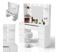 Juskys Coiffeuse Malia avec Miroir LED et Tabouret Tonia, 7 tiroirs, 3 Niveaux de lumière, Grand Espace de Rangement, Design Moderne, compacte & Entretien Facile - idéale pour Maquillage