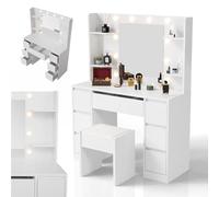Juskys Coiffeuse Malia avec Miroir LED et Tabouret Tonia, 7 tiroirs, 3 Niveaux de lumière, Grand Espace de Rangement, Design Moderne, compacte & Entretien Facile - idéale pour Maquillage