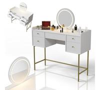 Juskys Coiffeuse Samira avec Miroir LED Tactile, 5 tiroirs, Grand Espace de Rangement, Design Moderne, compacte & Facile d’Entretien - Blanc/Or