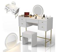 Juskys Coiffeuse Samira avec Miroir LED Tactile et Tabouret Melly, 5 tiroirs, Grand Espace de Rangement, Design Moderne, compacte & Facile d’Entretien - Blanc/Or