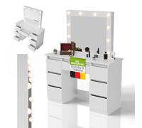 Juskys Coiffeuse Talea avec Miroir LED, 7 tiroirs, 3 Niveaux d'éclairage, Beaucoup d'espace de Rangement, Design Moderne, compacte & Facile d'entretien pour Le Maquillage - Blanc
