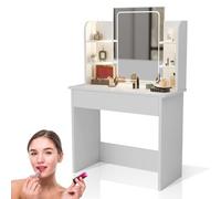 Juskys Coiffeuse Zoey avec Miroir LED Tactile - Grand Miroir avec Cadre, étagères - Meuble Fonctionnel et Moderne - Blanc - 3 Niveaux de lumière