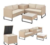 Juskys Coin Lounge extérieur Santorini en polyrotin - Salon de Jardin avec Table Basse et Coffre à Coussins - Meubles de Jardin en Imitation rotin résistant aux intempéries - Crème