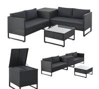 Juskys Coin Lounge extérieur Santorini en polyrotin - Salon de Jardin avec Table Basse et Coffre à Coussins - Meubles de Jardin en Imitation rotin résistant aux intempéries - Noir
