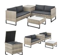 Juskys Coin Lounge extérieur Santorini en polyrotin - Salon de Jardin avec Table Basse et Coffre à Coussins - Meubles de Jardin en Imitation rotin résistant aux intempéries - Gris chiné