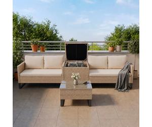 Juskys Coin Lounge extérieur Santorini en polyrotin - Salon de Jardin avec Table Basse et Coffre à Coussins - Meubles de Jardin en Imitation rotin résistant aux intempéries - Crème