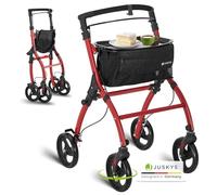 Juskys Déambulateur d'Appartement en Aluminium avec Sac & Plateau - Rollator Intérieur Léger, Étroit & Pliable - Rouge