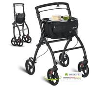 Juskys Déambulateur d'Appartement en Aluminium avec Sac & Plateau - Rollator Intérieur Léger, Étroit & Pliable - Noir
